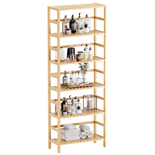 Bamboo Shelf, 6-Tier Adjustable Tall Open Bookcase, Bathroom Storage Rack Freestanding Shelving Unit, Plant Display Stand for Small Space, Natural