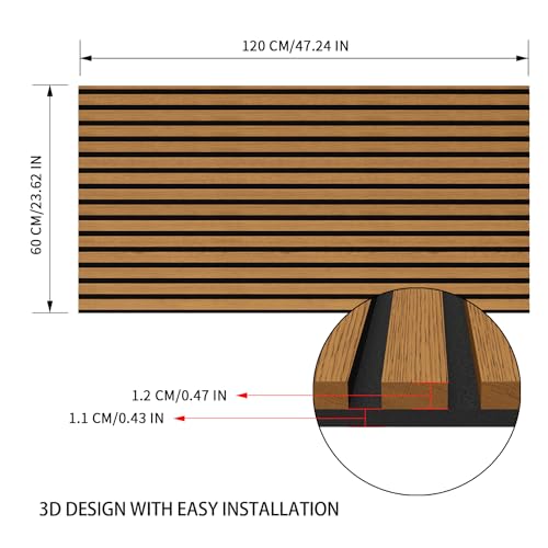 Acoustic Wood Slat Wall Panels for Wall 2pack Wood Slat Panels for Wall 47.2”x23.6” Wooden Acoustic Venner Panels 3D, Fluted Wall Slat Panels 0.82”in - view 2