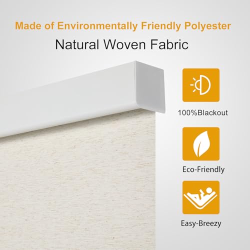 Free-Stop Cordless 100% Blackout Roller Shades for Indoor Windows, Natural Woven Fabric UV Protection Privacy Thermal Insulated Roller Window Shades for Home, Bedroom, Cream 34.5" W x 72" H - view 6