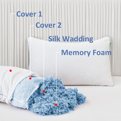 Shredded Memory Foam Pillows for Sleeping 2 Pack - Cooling Bed Pillows Standard Size Set of 2 - Firm Pillow for Side and Back Sleepers Adjustable Gel Pillow with Removable Cover - view 3