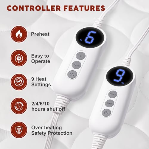 Heated Mattress Pad King Size with Dual Control - Electric Mattress Pads with 9 Heating Settings Controller & Auto Off 10 Hrs, Deep Pocket Bed Warmer for Bedroom Car, ETL Certified,White - view 2