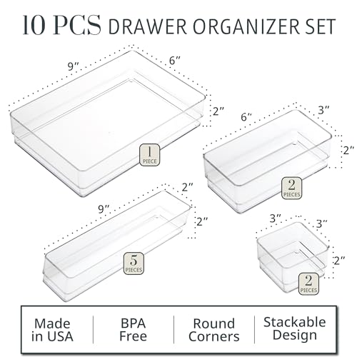 SimpleSort 10-Piece Stackable Clear Drawer Organizer Set | Multi-size Trays | Makeup Vanity Storage Bins and Office Desk Drawer Dividers | Made in USA - view 2