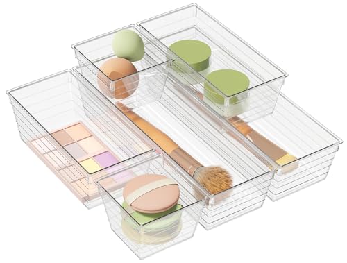 6 Pack Clear Drawer Organizer, Multi-Size Storage Bins