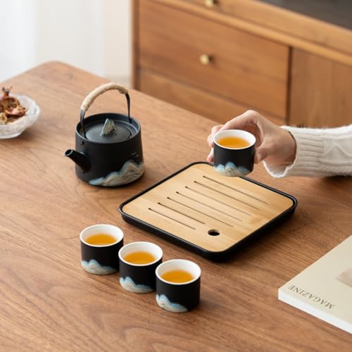 Chinese Tea Set – Black Porcelain Gongfu Teapot with 4 Black Cups & Tea Tray & Tea Strainer, Travel Tea Set with Carrying Case for Tea Ceremony, Daily Tea Ritual, Asian Style Gift - view 7