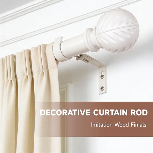 White Boho Wood Curtain Rods for Windows 48 to 84 Inch - 1 inch Diameter Heavy Duty Curtain Rods with Imitation Wood Grain Leaf Pattern Finials,Adjustable Decorative Curtain Rods Set,28-88'' - view 2