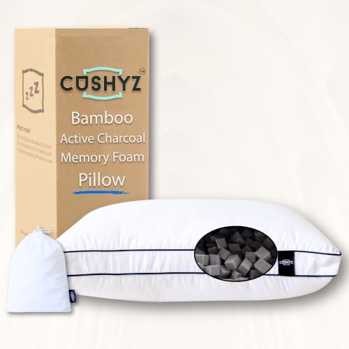 Adjustable Charcoal Memory Foam Pillow – Cooling Shredded Foam Bed Pillow for Side, Back & Stomach Sleepers – Breathable 400 TC Cotton Cover for Neck & Shoulder Support – CertiPUR-US