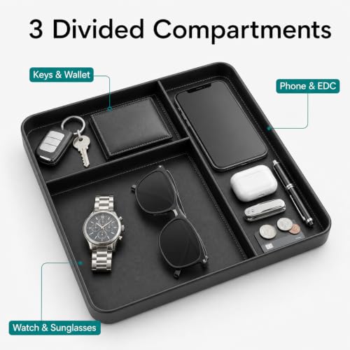 Valet Tray, PU Leather Nightstand Organizer with Divider - view 2