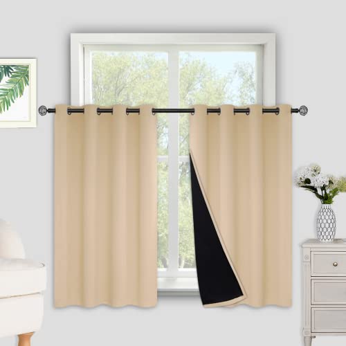 Thermal Insulated Curtains 100% Blackout Curtains for Bedroom 45 Double Layer Grommet Curtains with Black Liner Thermal Insulation Drape Full Room Darkening Beige 52”W x 45”L 2 Panels