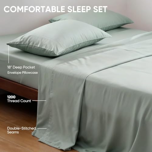 Real 100% Viscose Derived from Bamboo Sheets Set King Size, Cooling & Silky Soft for Hot Sleeper, Breathable & Moisture Wicking Fabric, 18" Deep Pocket with Corner Straps (Sea Glass, King XL) - view 6