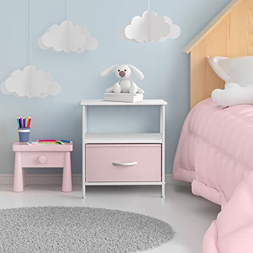 1 Drawer Shelf Storage Nightstand - Kids Bedside Furniture End Table Night Stand with Steel Frame Wood Top & Easy Pull Fabric Bins. Dresser & Chest for Home Bedroom Accessories Office & College - view 2