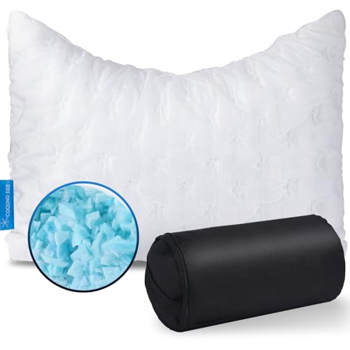 Cooling Side Sleeper Pillow for Neck and Shoulder Pain, Luxury Shredded Memory Foam Curved Bed Pillows for Sleeping Set of 1- Adjustable Travel Pillow Size- Washable Cover Crescent White