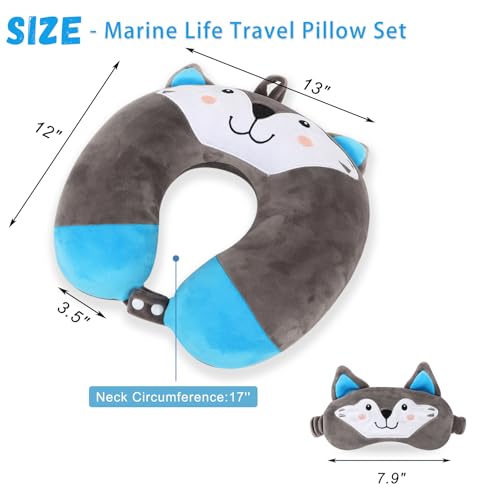 Travel Pillow, Kids Travel Pillow with Sleep Eye Mask Soft Memory Foam Kids Neck Pillow for Boys & Girls, Travel Accessories for Car Airplane Traveling - Wolf - view 2