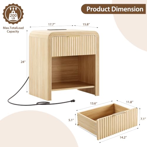 Curved Fluted Nightstands Set of 2 with Charging Station, Nature Oak - view 2