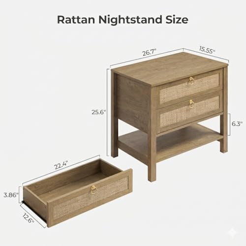 26.7" Wide Rattan Nightstand with 2 Drawers & Open Shelf End Table - view 2