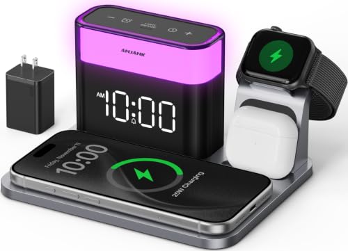 GlowDock 5-in-1 Wireless Charging Station with Alarm Clock,Qi2.2 25W Magnetic Charger Stand, Aluminum Silent Cooling,8 Nightlight,for iPhone 18 17 16 15 Pro Max Duo Air Plus,Apple Watch,AirPods