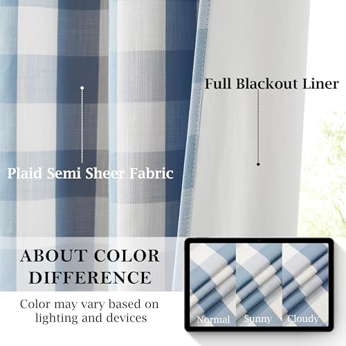 Short Blue Buffalo Plaid Blackout Curtain Panels 63 Inches Long - view 3