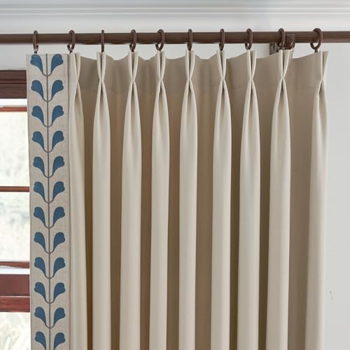 Cotton Linen Solid Colour Curtains, Beige Pinch Pleat Curtains with Embroidered Trim for Living Room, Sliding Patio Doors Bedroom (50Wx96L (Set of 2)) - view 4