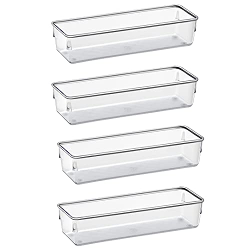 Drawer Organizer Modular, Box Tray Storage Bins for Office, Home, Makeup, Kitchen, Junk Drawer (4 Pieces) (Clear Crystal Plastic)