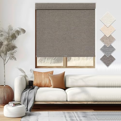 100% Blackout Cordless Roller Shades with Natural Linen Fabric, 72" W X 72" H, Brown (Blackout) for Indoor Windows, Custom Blinds & Shades for Home, Bedroom