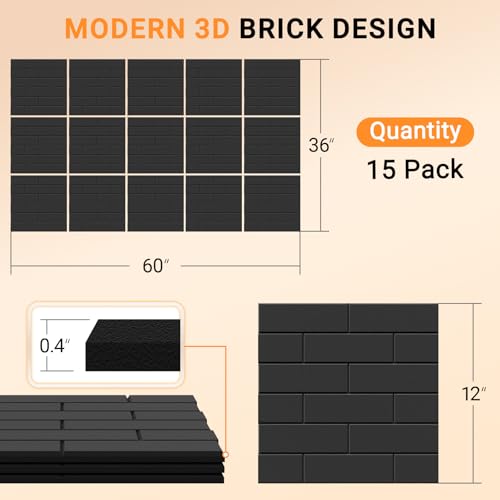 Clulutic15 Pack Acoustic Panels 12" x 12" x 0.4", Self Adhesive Sound Absorbing Panels for Walls, High Density Noise Reduction Foam, Brick Design for Home Studio, Office, Gaming Room - view 2