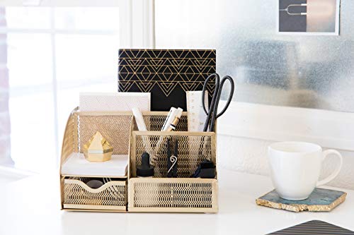 Gold Desk Organizer with Drawer | Metal Desktop Caddy with Six Compartments for Office Supplies | Stylish Desk Organizers and Accessories for Home or Office - view 2