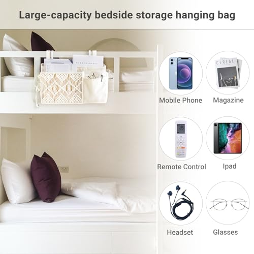 Bedside Caddy, Macrame Hanging Organizer, 4 Pockets Ivory Metal Hooks - view 3