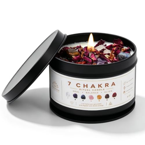 7 Chakra Crystal Candle, Coconut Soy Wax, 40+ Hour Burn, 7 Real Crystals