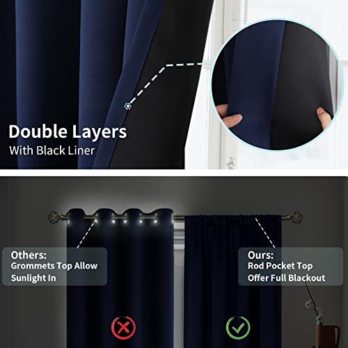 Thermal Insulated 100% Blackout Curtains for Bedroom with Black Liner, Double Layer Full Room Darkening Noise Reducing Rod Pocket Curtain (52 x 45 Inch, Navy Blue, 2 Panels) - view 6