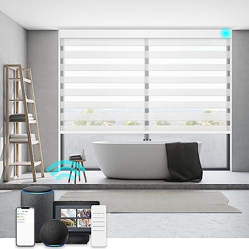 Smart Zebra Blinds Motorized Shades Remote Control for Indoor Windows, Custom Size Electric Solar Panel Power Automatic Work with Alexa, Google Home, Apple Homekit, Light Filtering, White