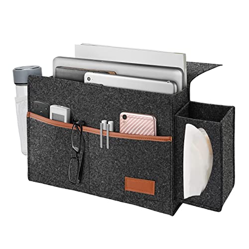 Bedside Storage Organizer, Stain Resistant, 7 Pockets with Tissue Box & Bottle Holder for Remotes Phone Magazine Ipad, Bedside Caddy for Dorm Sofa Desk Felt Bedside Pocket (13.8 * 11.4 In)