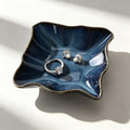 Ceramic Ring Dish BlueWavy Square,Trinket Dish Ring Holder Jewelry Tray Cute Vanity Organizer Aesthetic Nightstand Bathroom Room Decor