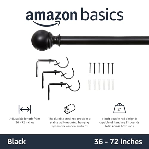 Adjustable Curtain Rod for Windows with Round Finials, 1-Inch Rod, 36" to 72", Black, 1-Pack - view 2