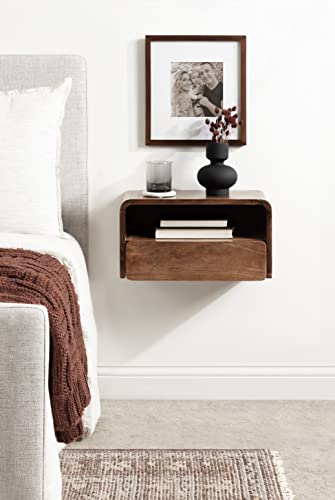 Kato Modern Wood Floating Side Table with Drawer, 18 x 10 x 9, Walnut Brown, Contemporary Wooden Floating Nightstand for Bedroom Bedside Table - view 4