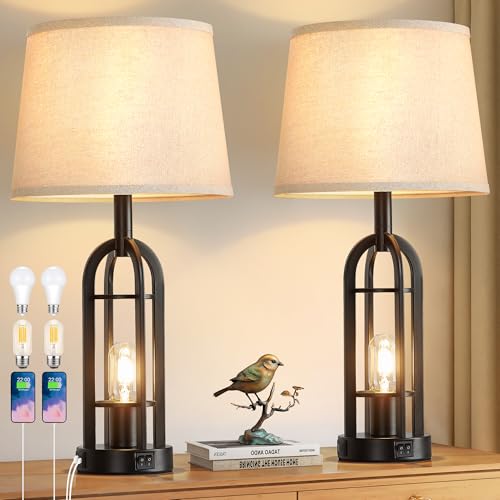 24" Farmhouse Table Lamps for Living Room Bedroom Set of 2, USB A+C