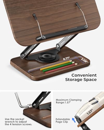 Book Stand for Reading, Book Holder 360° Rotating Base with Pen Slot, Foldable Reading Display Stand with Elastic Page Clips for Cookbook, Recipe, Textbook, Tablet, Laptop - view 5