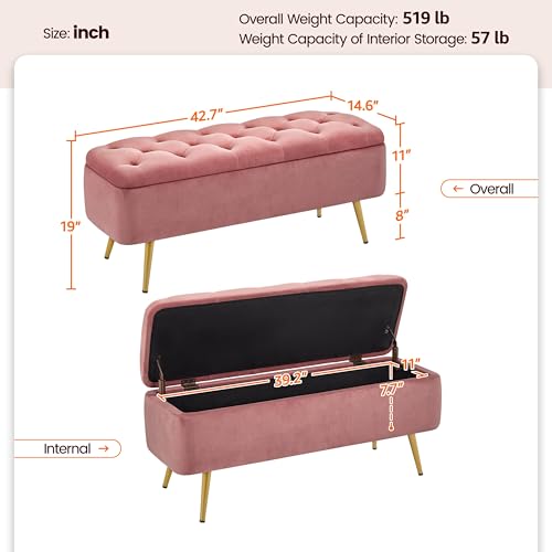 Storage Ottoman Bench for Bedroom, Velvet End of Bed Bench, Pink - view 3