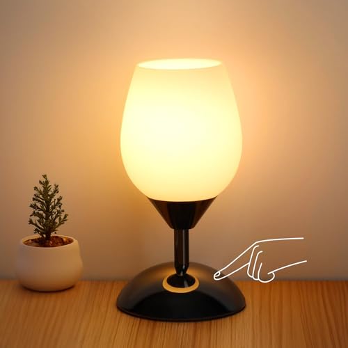 Touch Control Table Lamp Dimmable Small Lamp, Ambient Light with Opal Glass Shade Simple Night Light, Modern Accent Lamp Bedside Nightstand Lamp for Bedroom Living Room, E12 Bulb Included
