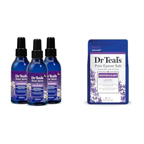 Sleep Spray with Melatonin & Essential Oil Blend (Pack of 3) & Epsom Salt Soaking Solution Soothe & Sleep Lavender 3lbs