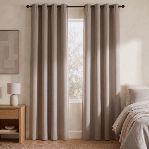 Linen Look 100% Blackout Bedroom Curtains, 96 Inch Long, Taupe
