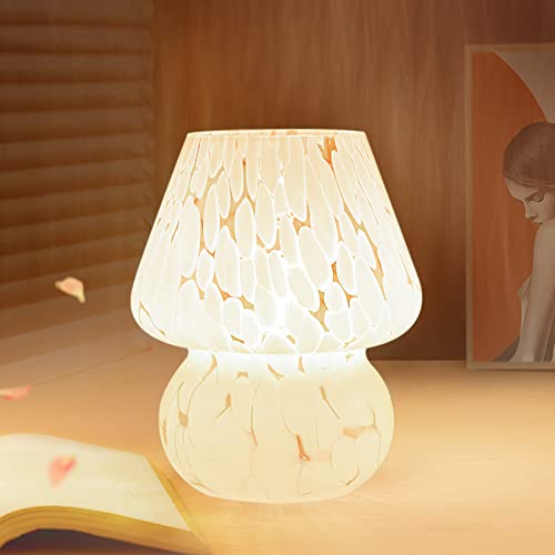 Mushroom Lamp Small Bedside Table Lamp-Nightstand Nightlight Dimmable Stepless, Translucent Glass White Desk Lamp for Bedroom Dorm Living Kitchen, Murano Style Aesthetic Cute Home Decor