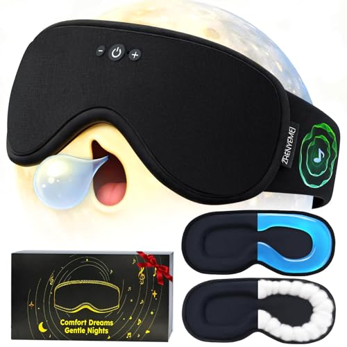 Weighted Bluetooth Sleep Mask with Removable Hot & Cold Gel Insert, 3D Blackout Eye Mask, Adjustable Speaker Placement, Passive Sound Masking, 15H Playback for Sleep, Travel & Relaxation