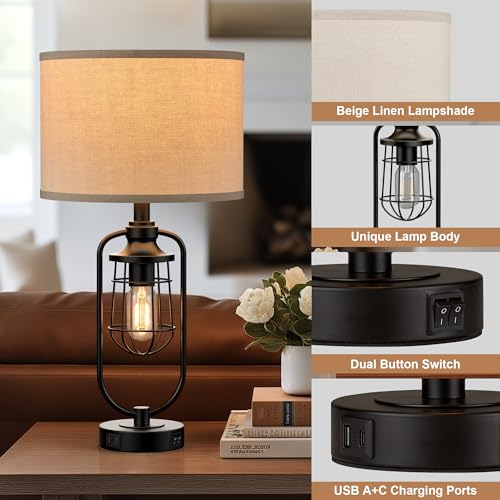 24" Farmhouse Black Table Lamps Set of 2 for Living Room, USB A+C - view 5
