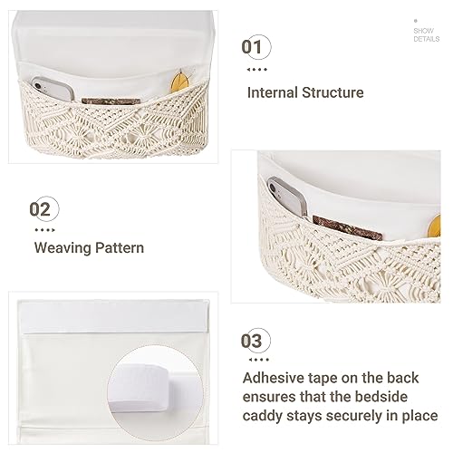 Macrame Bedside Caddy, Boho Bed Storage Organizer, 4 Pockets Ivory - view 5