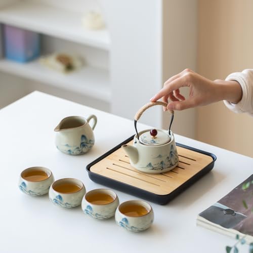 Chinese Gongfu Tea Set, 7-Piece Ceramic Set with Landscape Design, Travel Case, Spill-Proof Tray, Gift Box - view 4
