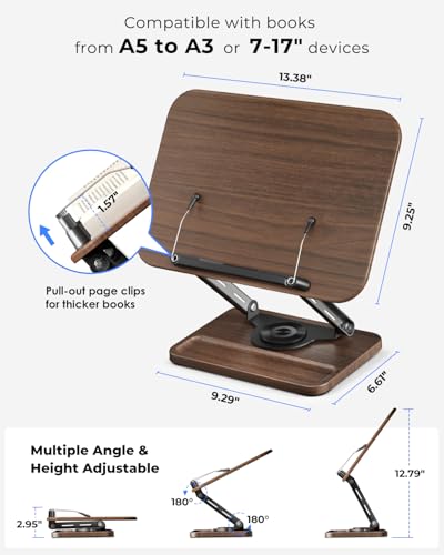 Book Stand for Reading, Book Holder 360° Rotating Base with Pen Slot, Foldable Reading Display Stand with Elastic Page Clips for Cookbook, Recipe, Textbook, Tablet, Laptop - view 3