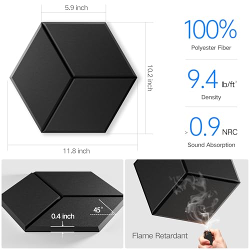 12 Pack Self-Adhesive Acoustic Panels 12" X 10" X 0.4" - Sound Proof Foam Panels for Walls with High Density, Y-Lined Design, Flame Resistant, Absorb Noise and Eliminate Echoes(Black) - view 4
