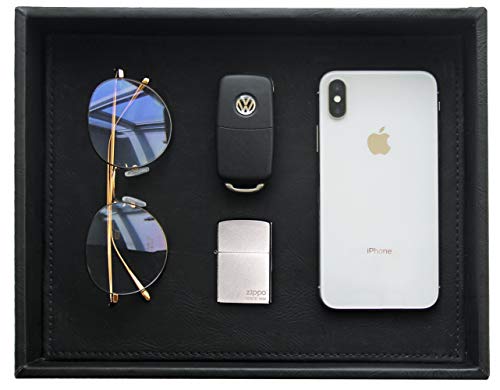 Valet Tray Nightstand Organizer Leather Catchall Tray for Perfume,Jewelry,Key and Remote on Counter or Dresser(Black)