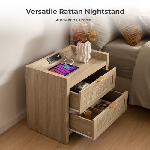 Rattan Night Stand for Bedroom, Bedside Table with 2 Drawers - view 6