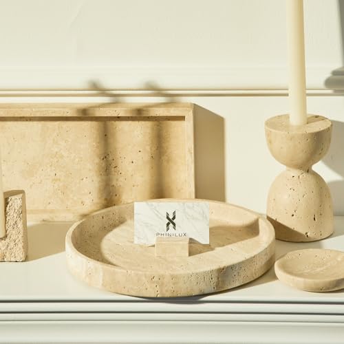 Travertine Marble Vanity Tray, Round Ottoman Tray Minimalist Modern Decorative for Bathroom, Kitchen, Nightstand, Jewelry Ring Dish Holder, Table Accents Decor (Beige Travertine) - view 3