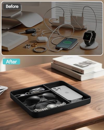 Valet Tray, PU Leather Nightstand Organizer with Divider - view 4